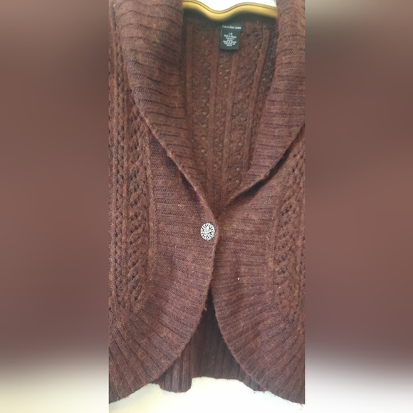 Calvin Klein Wool Sweater/ Cardigan, Brown, Decorative Button, Size Large - Picture 4 of 8